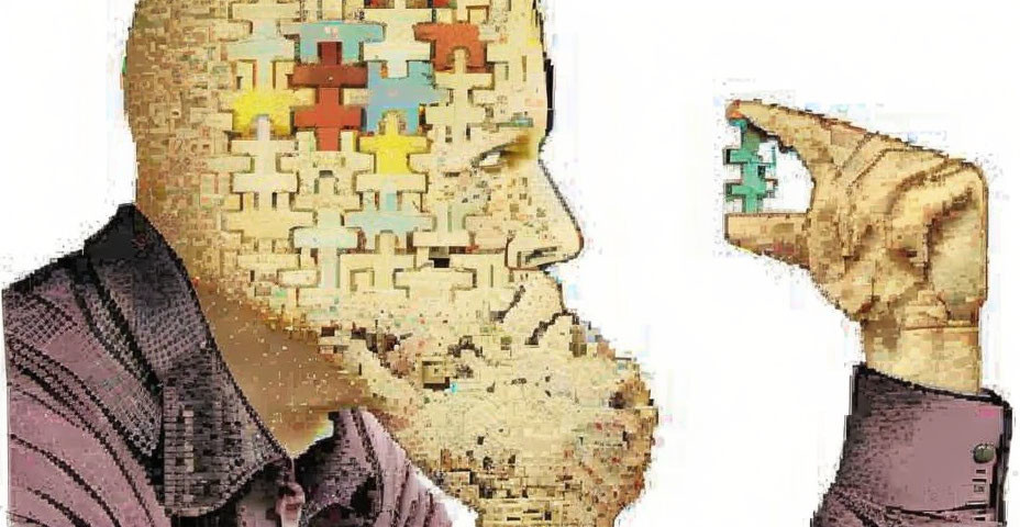 Person with Jigsaw Puzzle Head Placing Piece