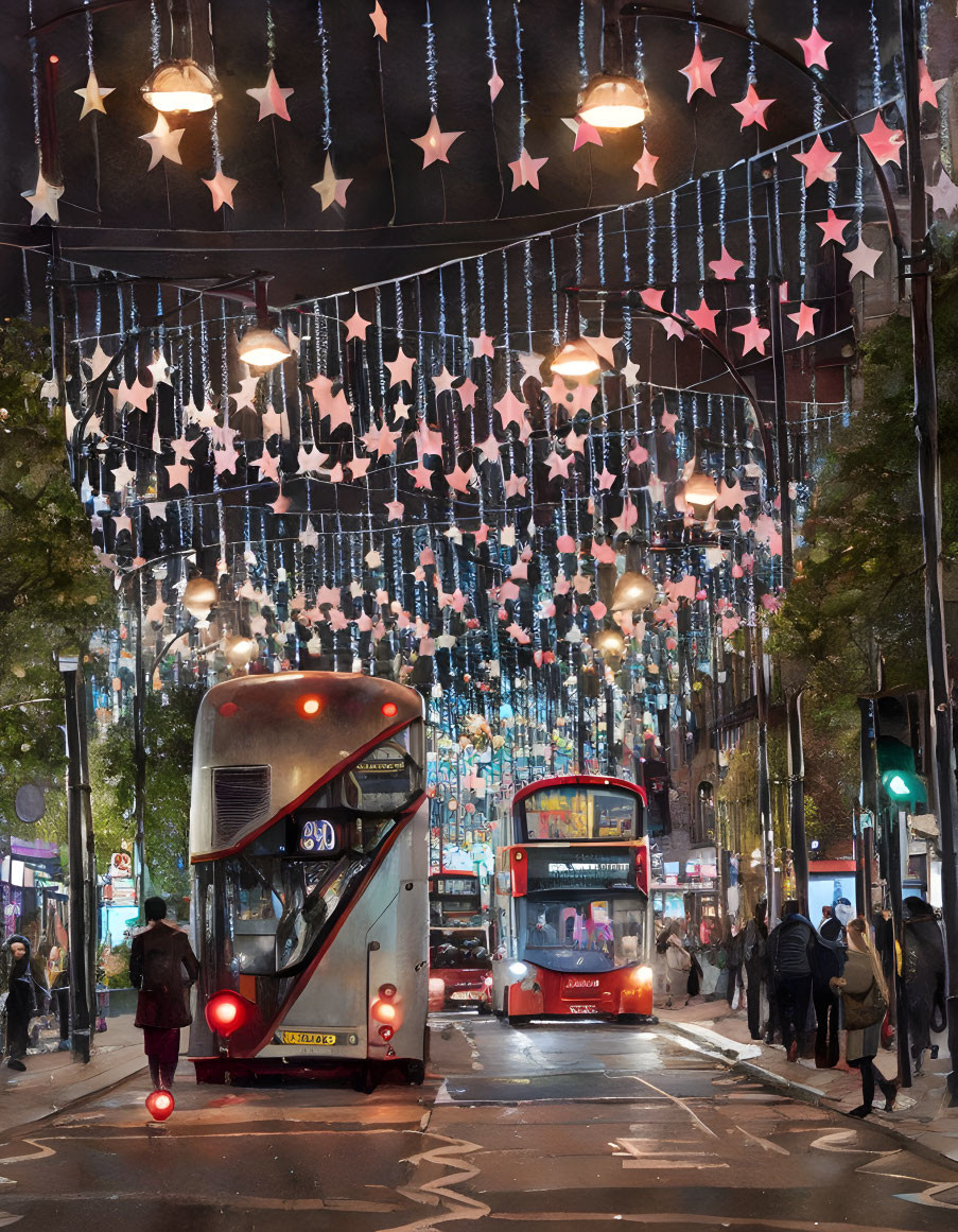 Night scene of vibrant street with double-decker buses, pedestrians, and festive lights.