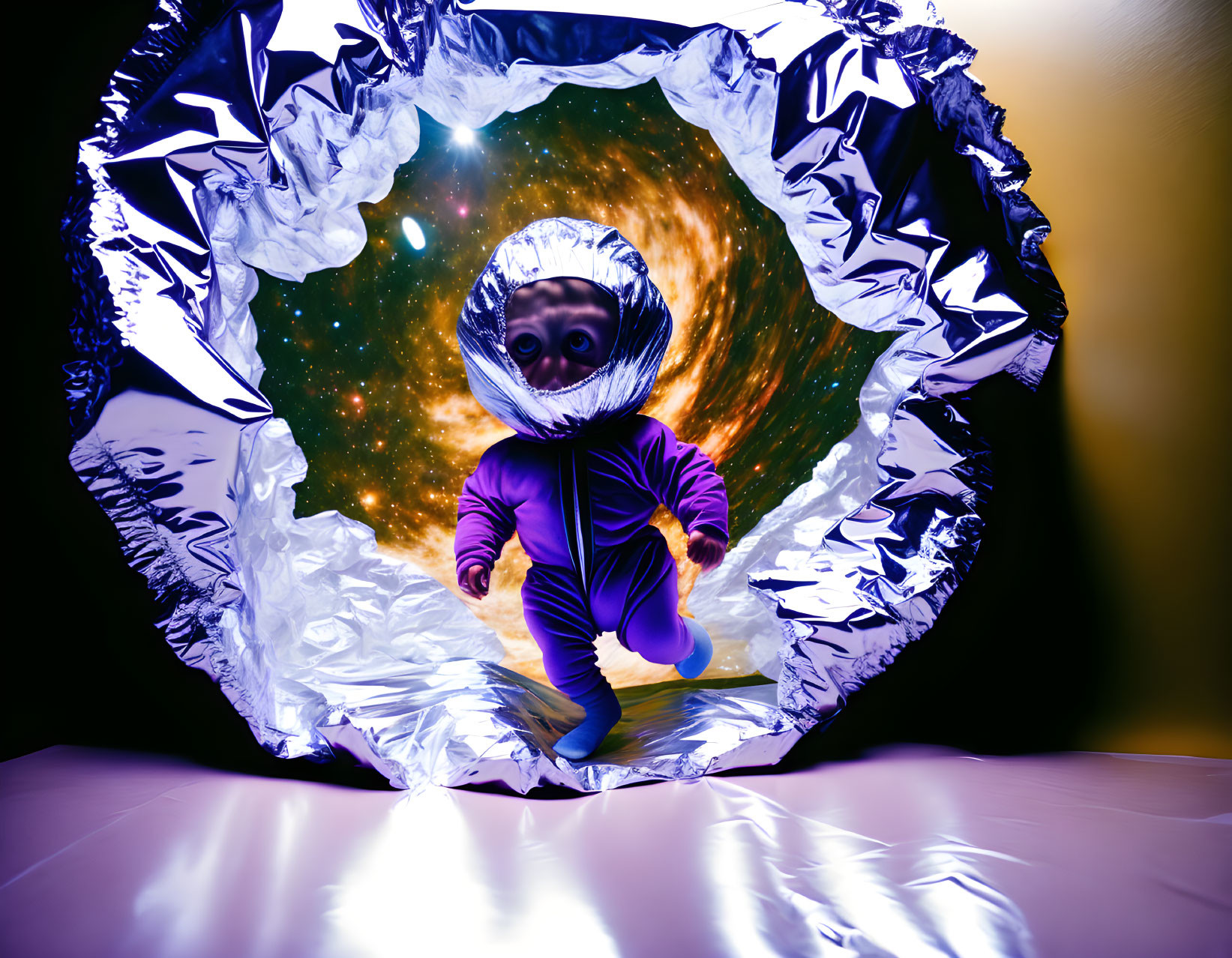 Child in spacesuit playing in space-time portal tunnel against cosmic backdrop