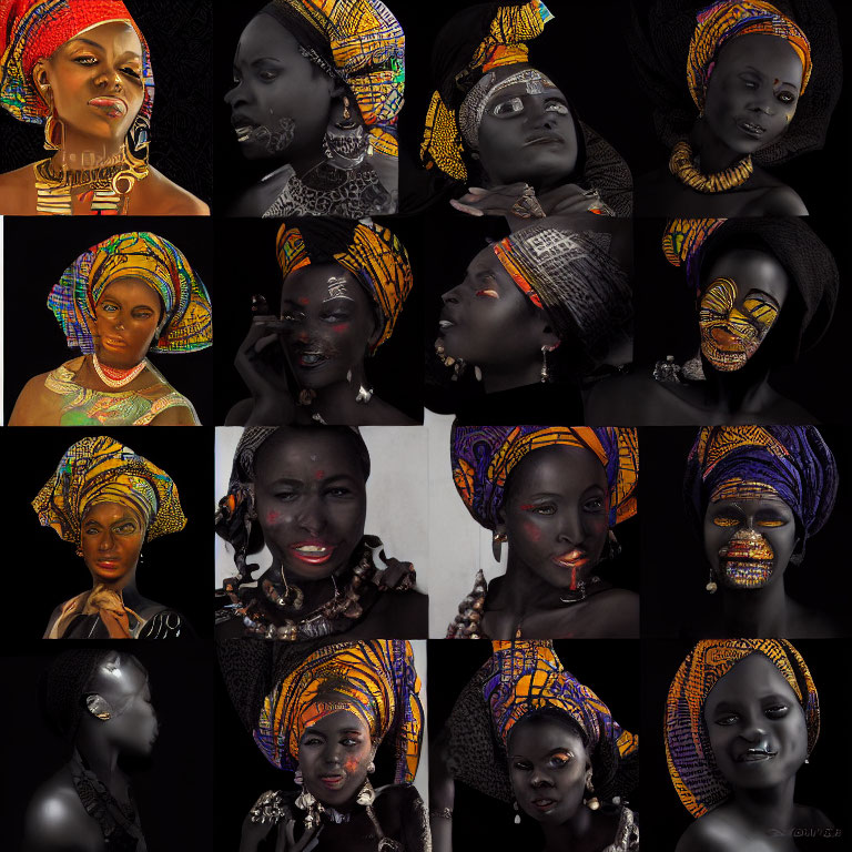 Collage of 16 images: Woman in African head wraps and face paint