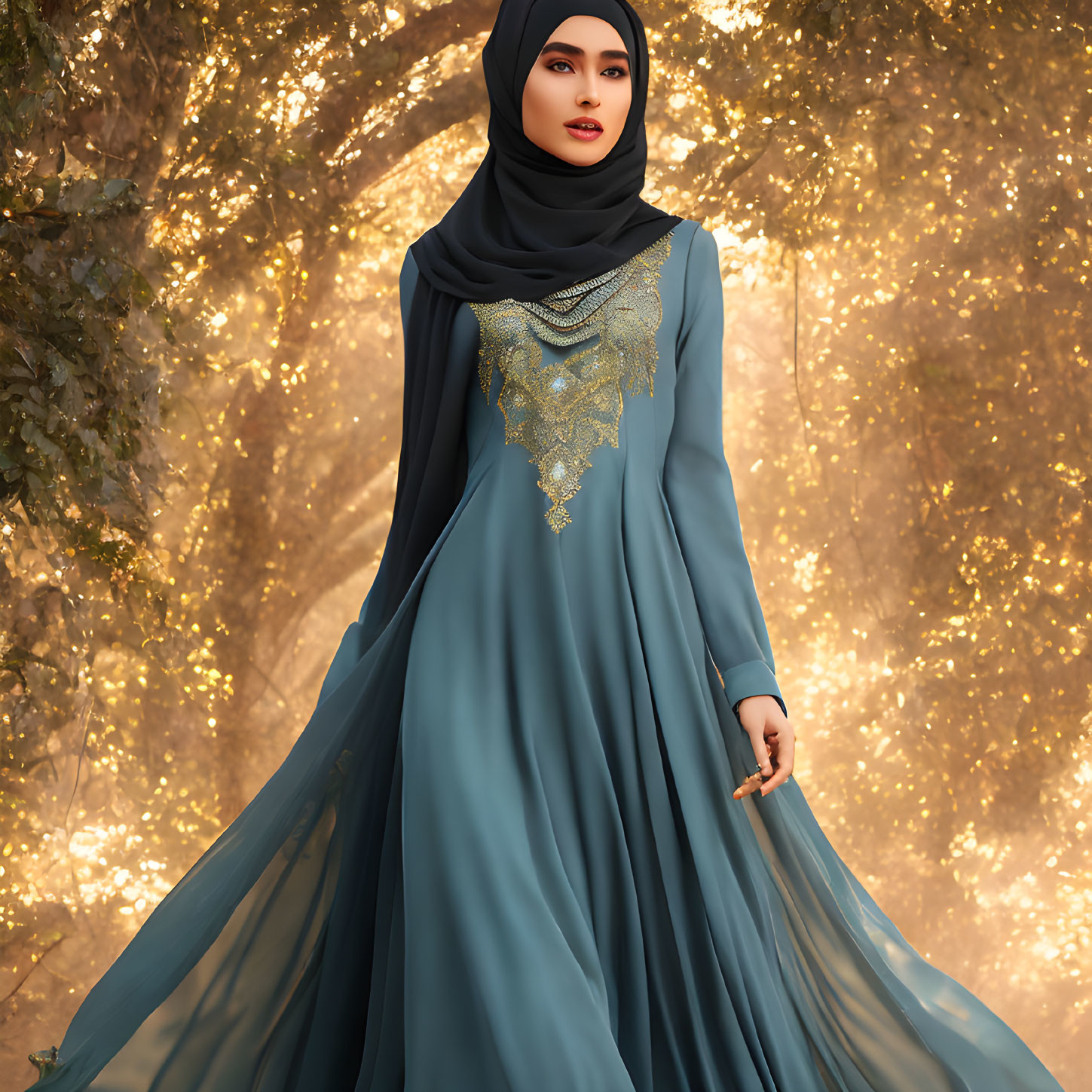 Woman in Teal Dress and Black Hijab Standing in Sunlit Autumn Forest