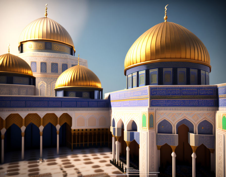 Stunning computer-generated mosque with golden domes and intricate patterns