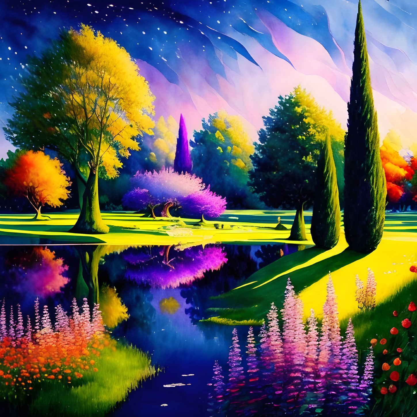 Colorful autumn landscape painting with trees and lake under blue sky