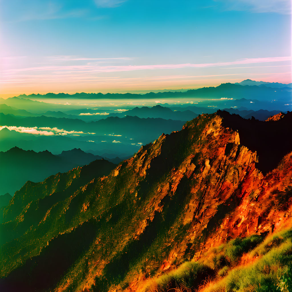 Mountainous Landscape with Vibrant Sunrise Hues and Gradient Sky