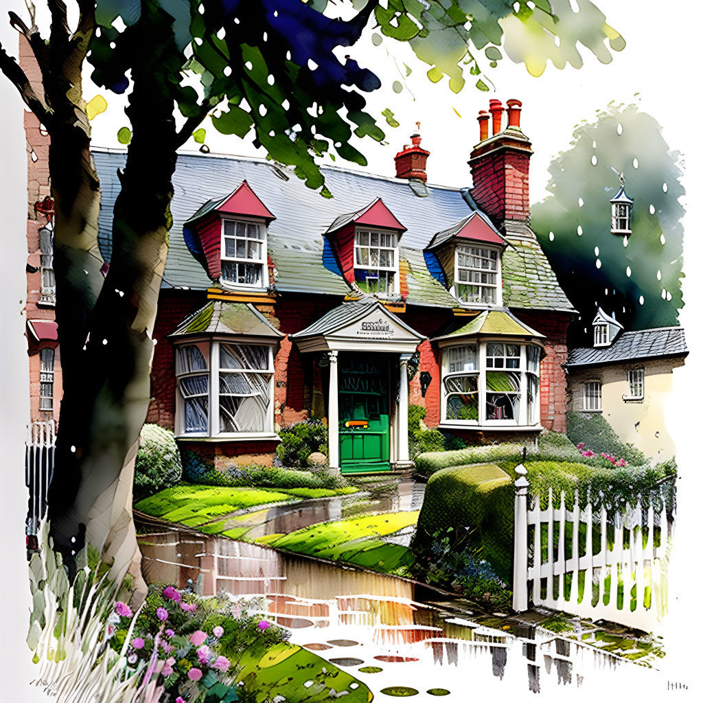 Quaint house with red bricks and green shutters in lush setting
