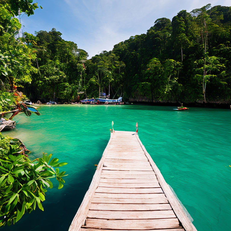 Tropical wooden pier over blue lagoon with lush greenery