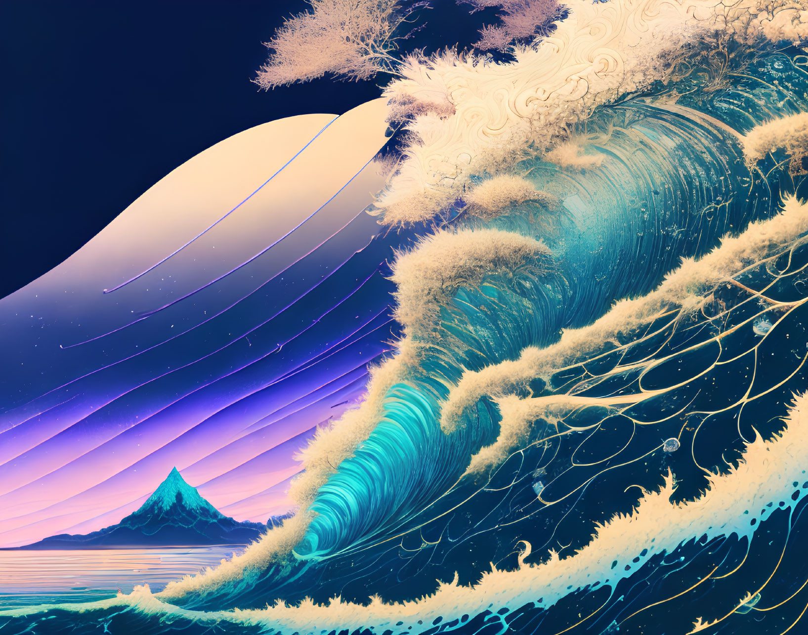Stylized illustration of towering wave against starry night sky