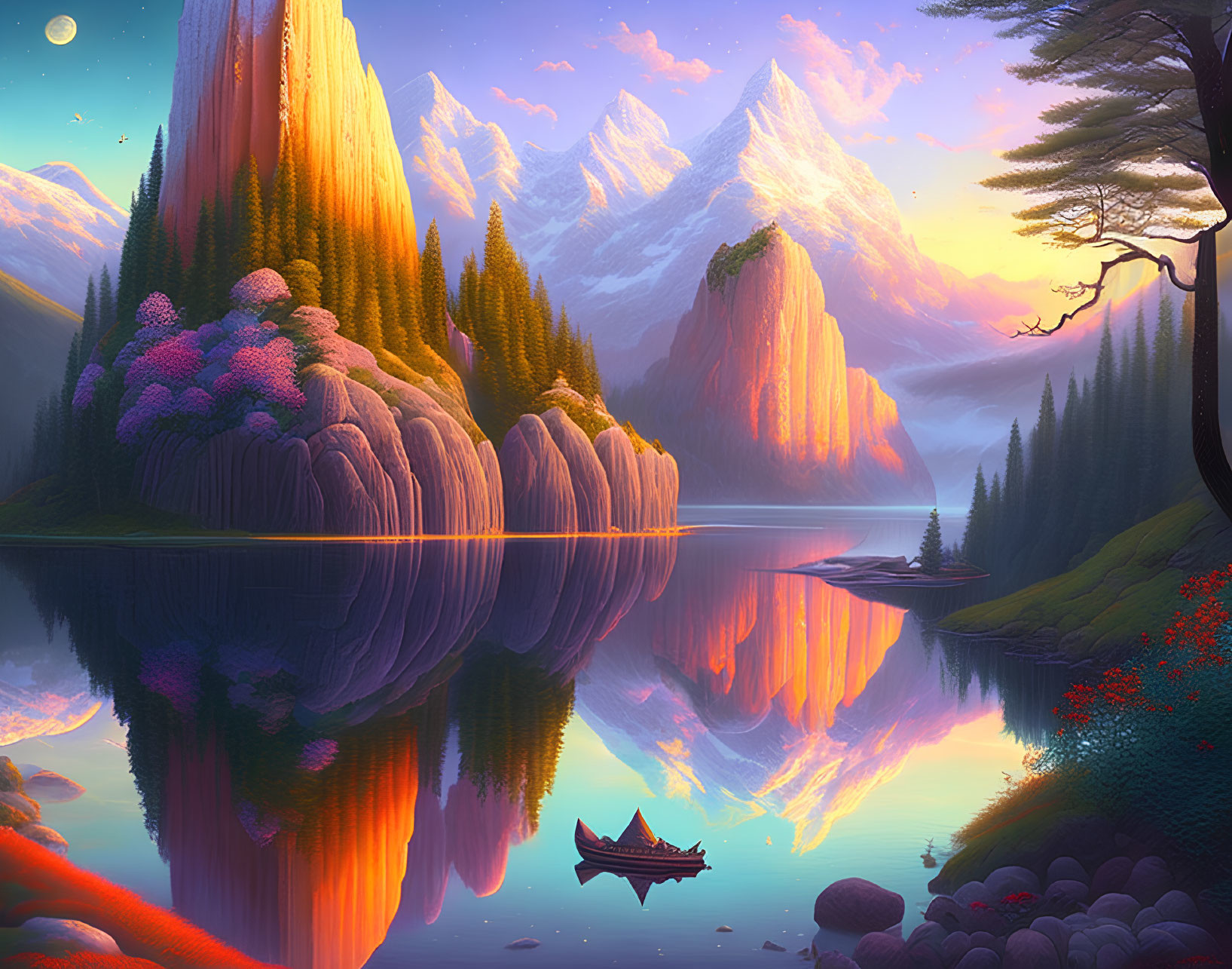 Tranquil lake with mountains, trees, and boat at sunset