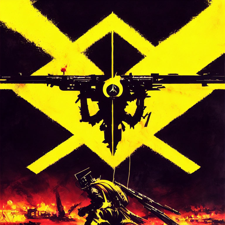 Soldier silhouette with yellow X, helicopter, fiery backdrop