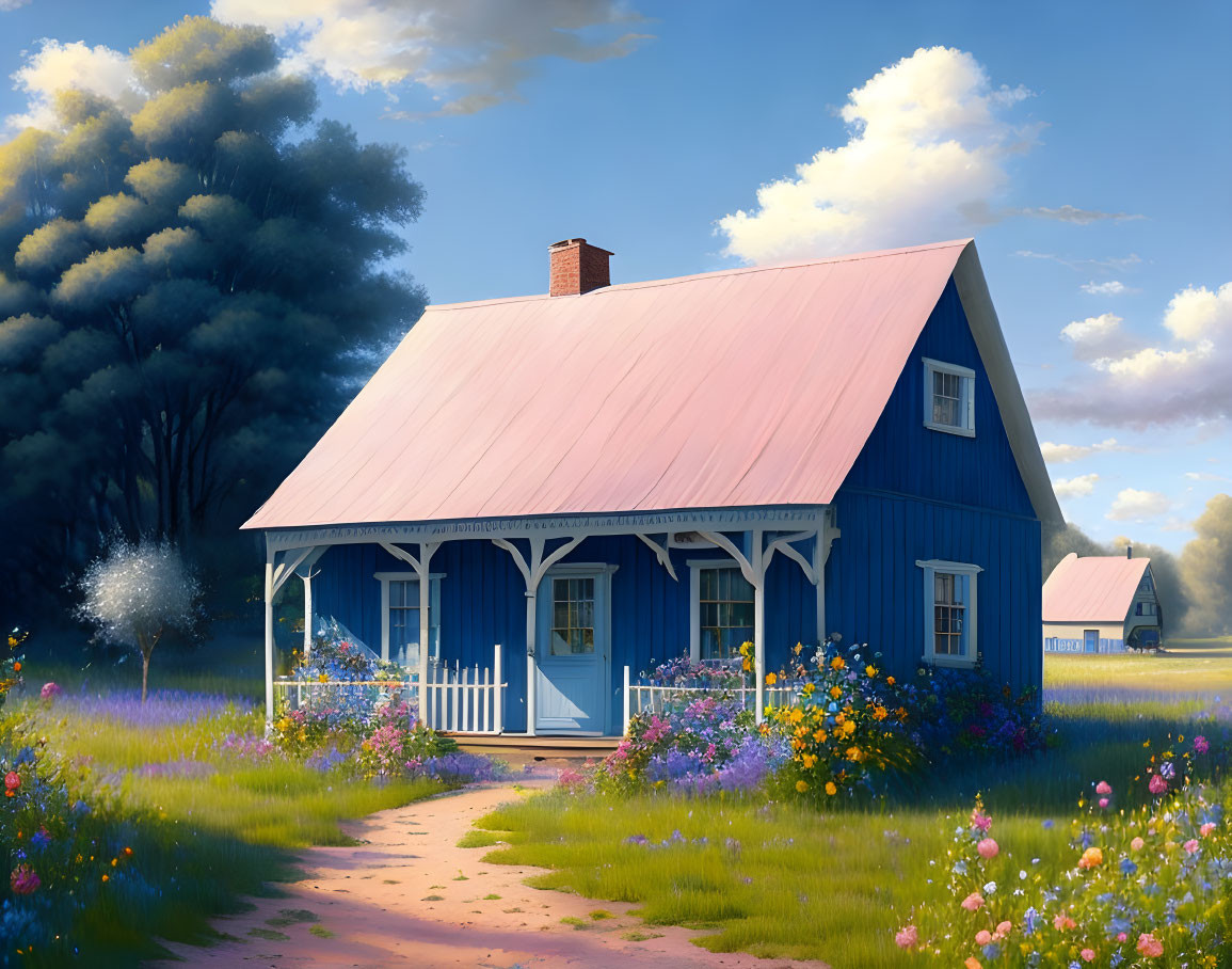 Blue house with pink roof amidst wildflowers under clear sky