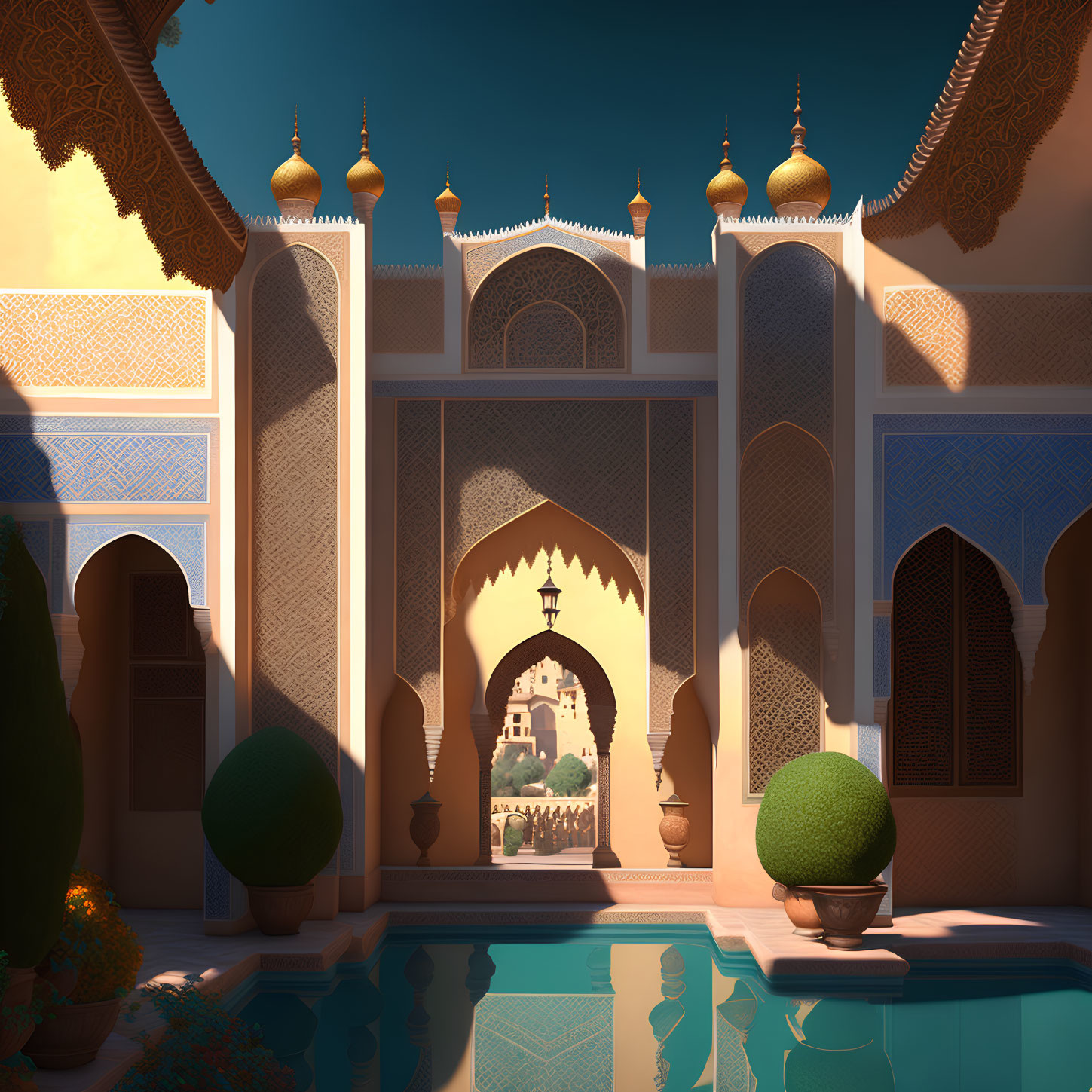 Ornate animated palace courtyard with golden domes and blue tile patterns