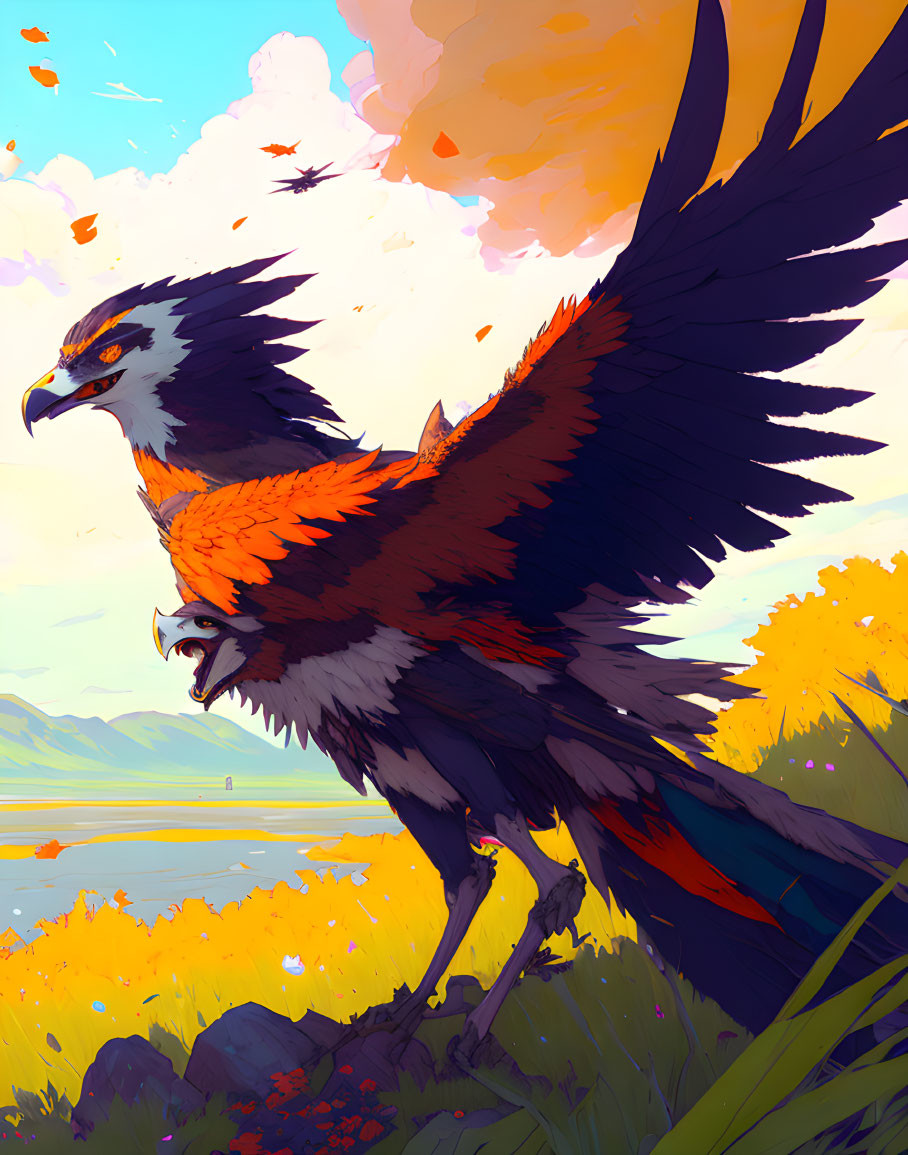 Stylized eagle with outstretched wings in vibrant field