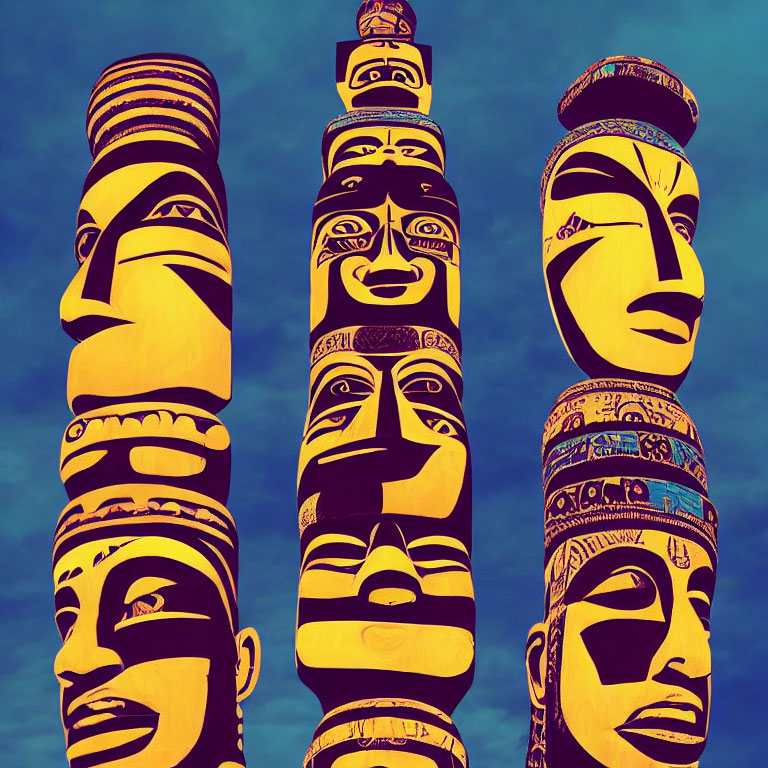 Colorful Totem Poles with Intricate Facial Carvings on Blue Sky