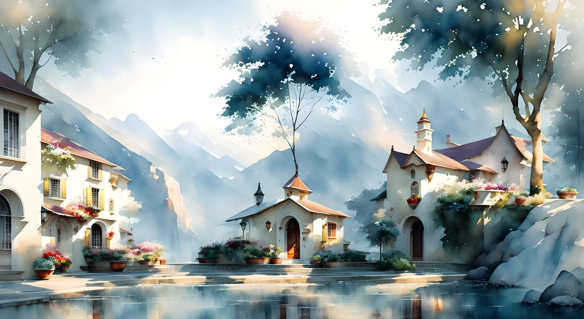 Tranquil village scene with colorful houses, flowers, pond, and misty mountains