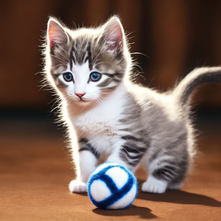 Grey and White Kitten with Blue Eyes Playing with Ball on Wooden Surface