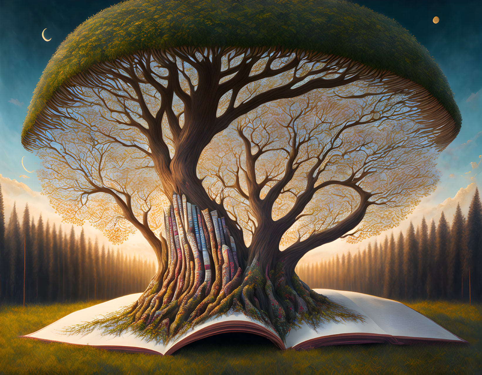 giant tree growing out of a book,