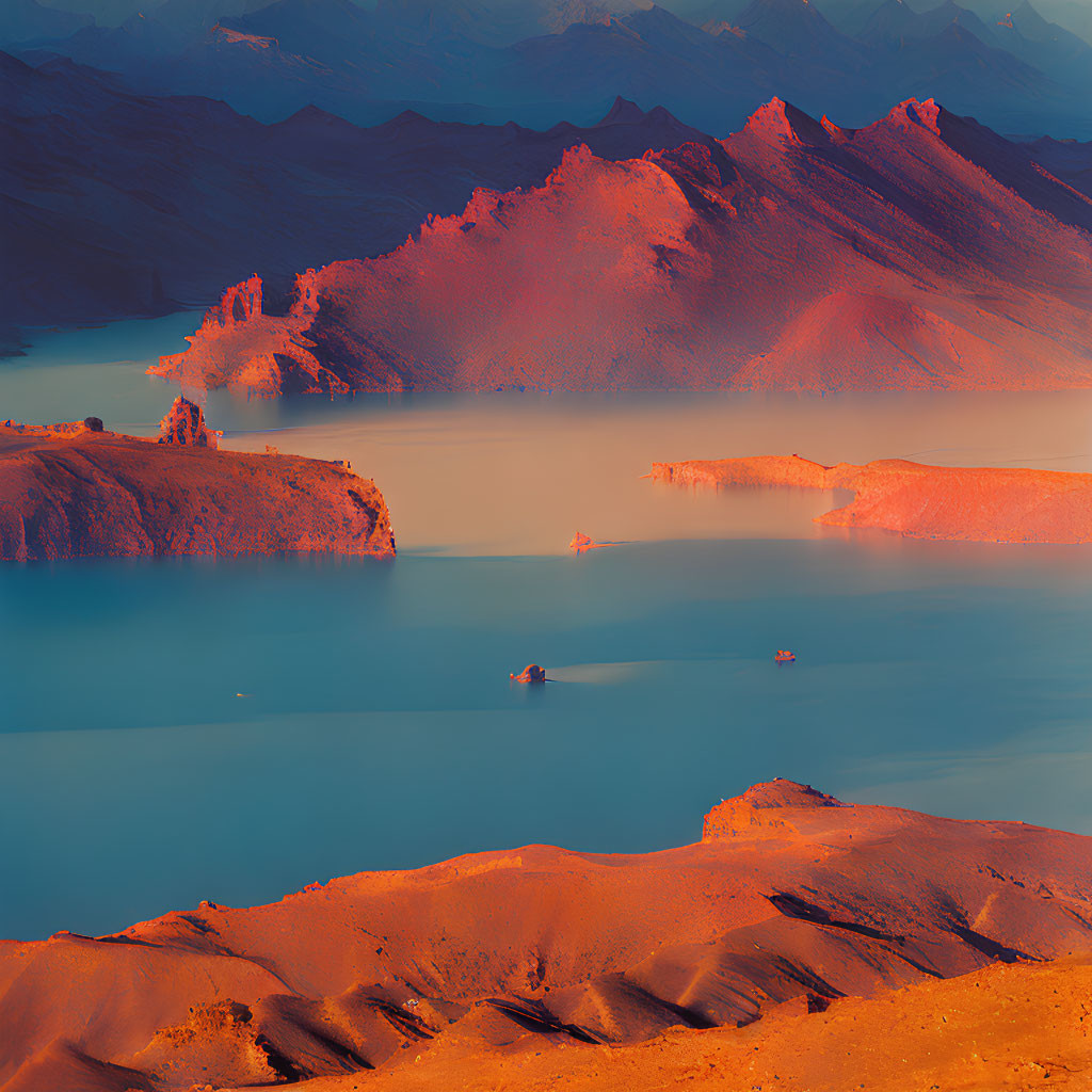 Misty Lake Landscape with Layered Mountains in Warm Tones