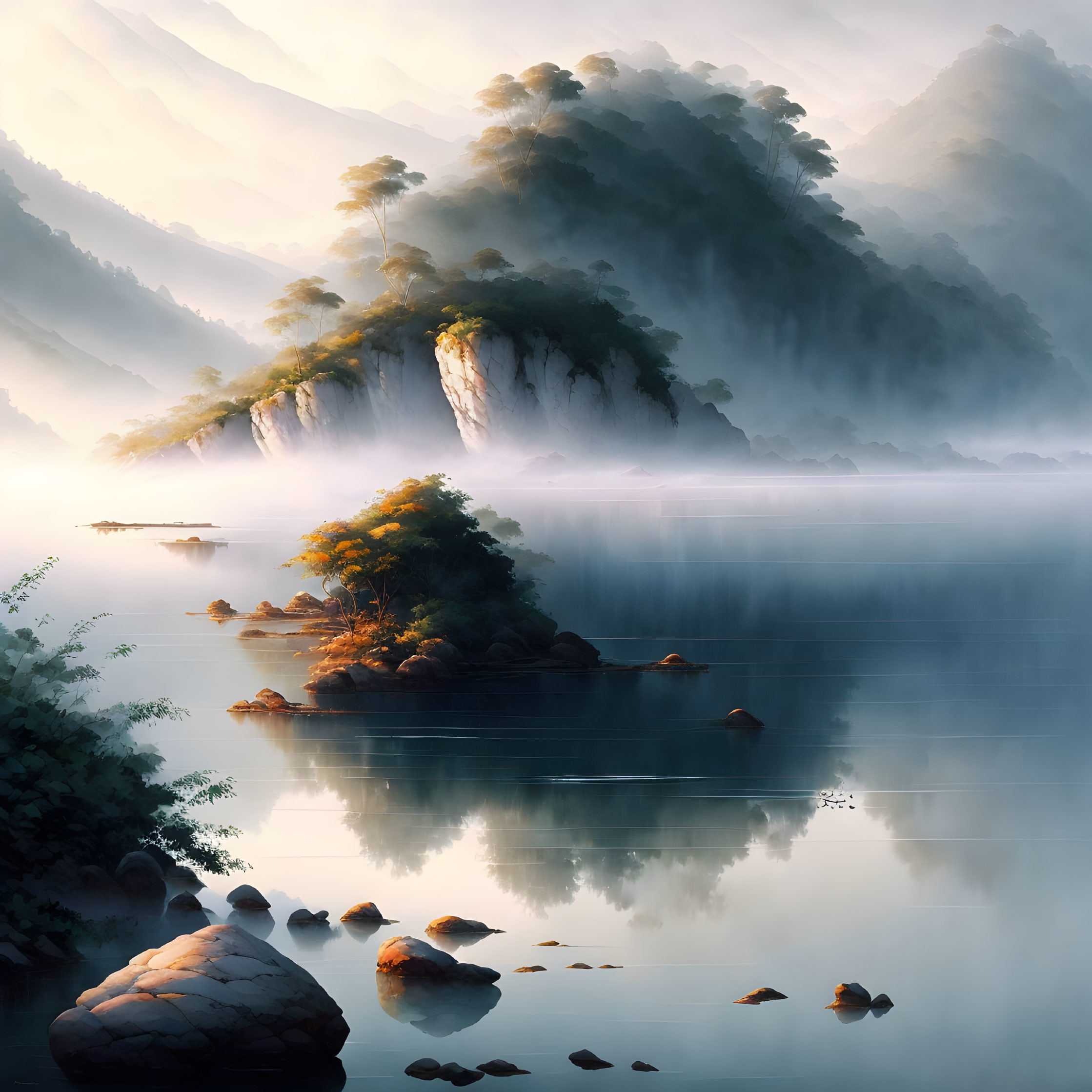 Tranquil landscape: misty lake, forested mountains, soft sunlight