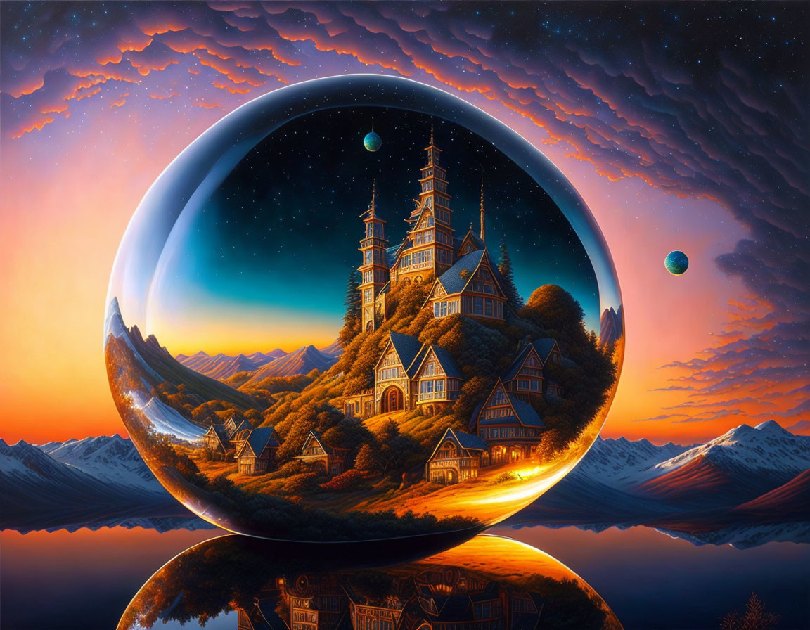 Castle inside glass sphere in mountainous landscape under starry sky