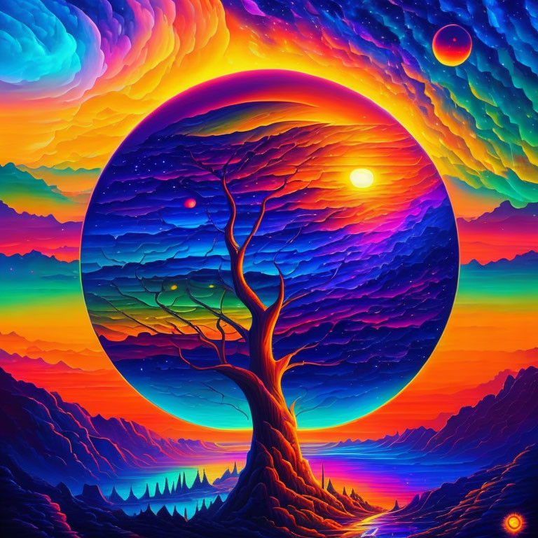 Colorful digital artwork: large tree, surreal sky, multiple suns