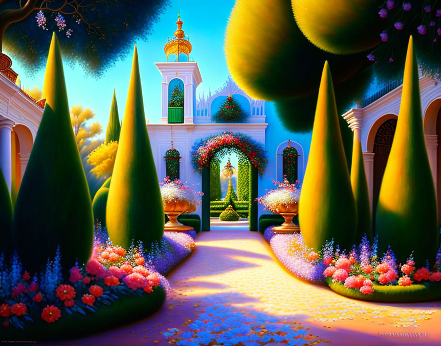 Whimsical garden with topiaries, flower archway, and golden-domed building