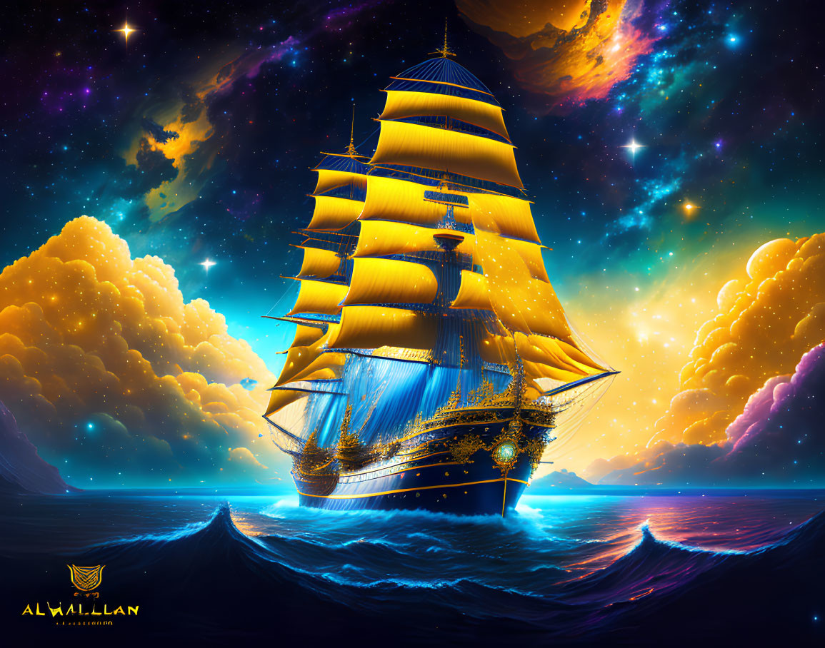 Majestic golden ship sailing on surreal ocean with vibrant clouds