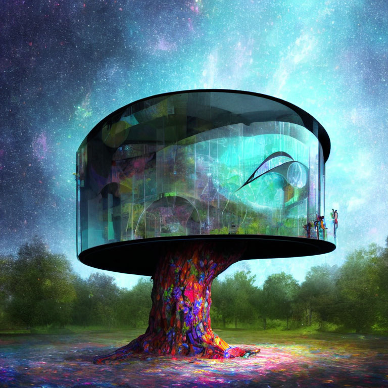 Colorful tree and glass house under starry sky