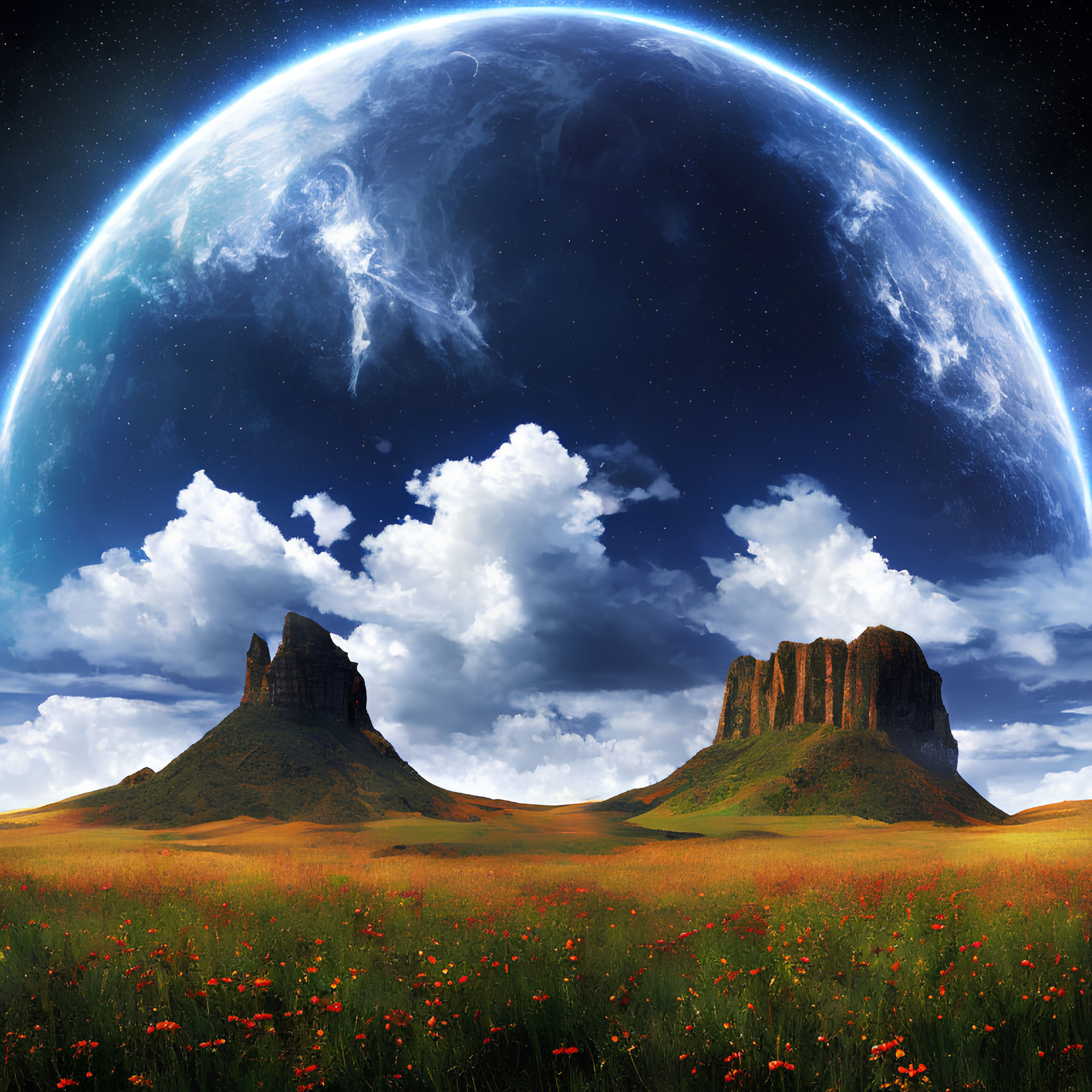 Red flowers field under cloudy sky with giant planet and towering rocks