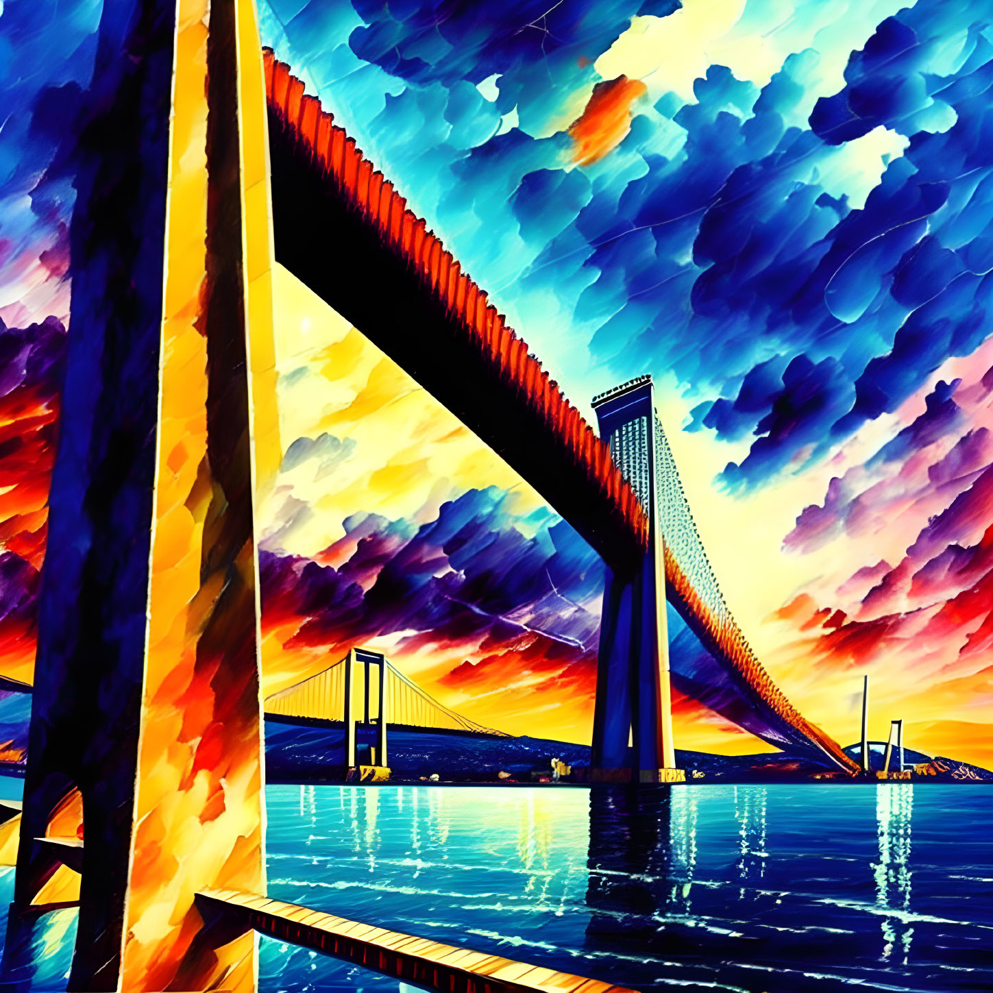 Colorful Stylized Suspension Bridge Over Water