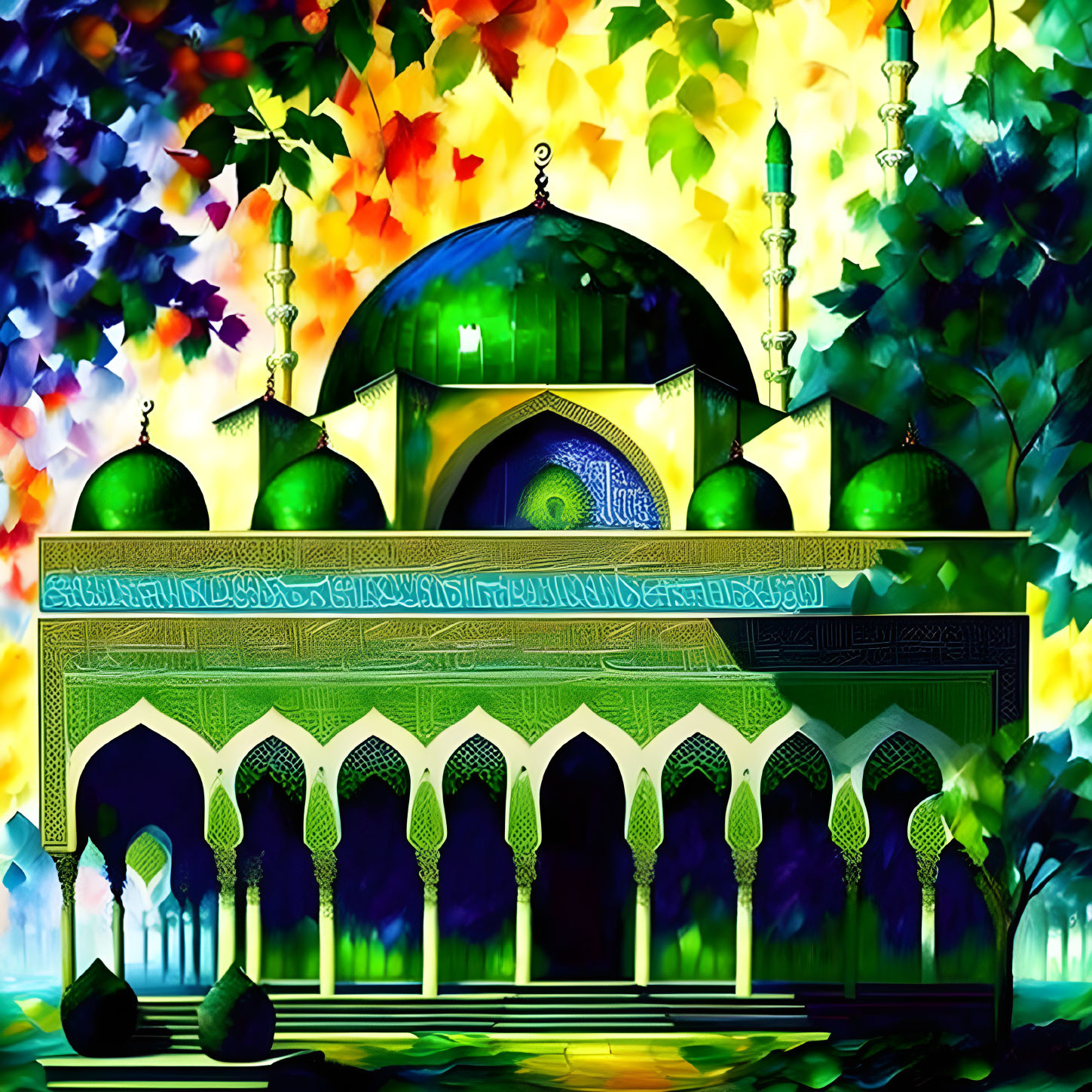 Colorful Digital Artwork: Mosque with Green Domes and Minarets on Abstract Foliage