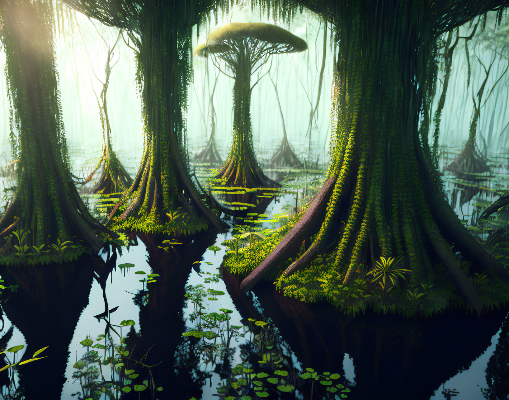 Futuristic swamp landscape with towering trees, large mushroom, and misty atmosphere