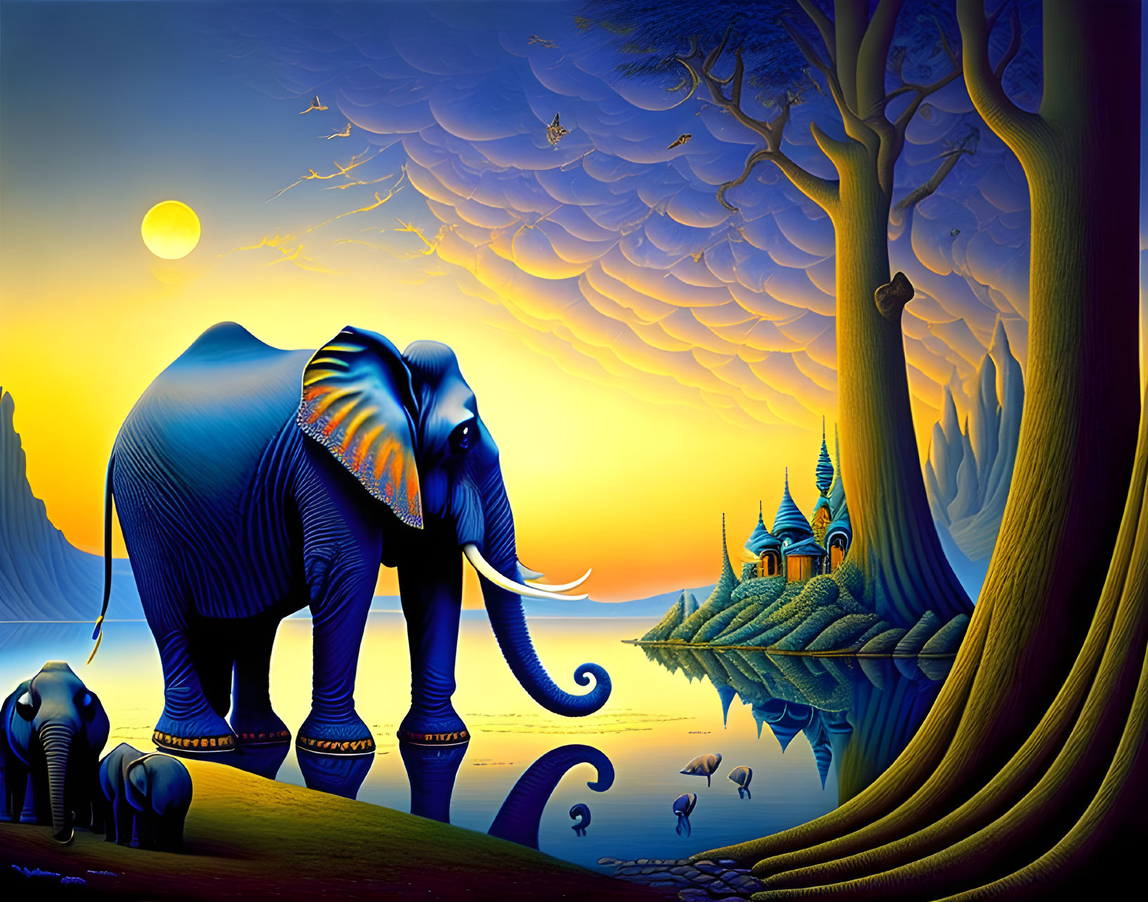 Colorful artwork featuring elephants by water with whimsical trees and stylized buildings under orange sky