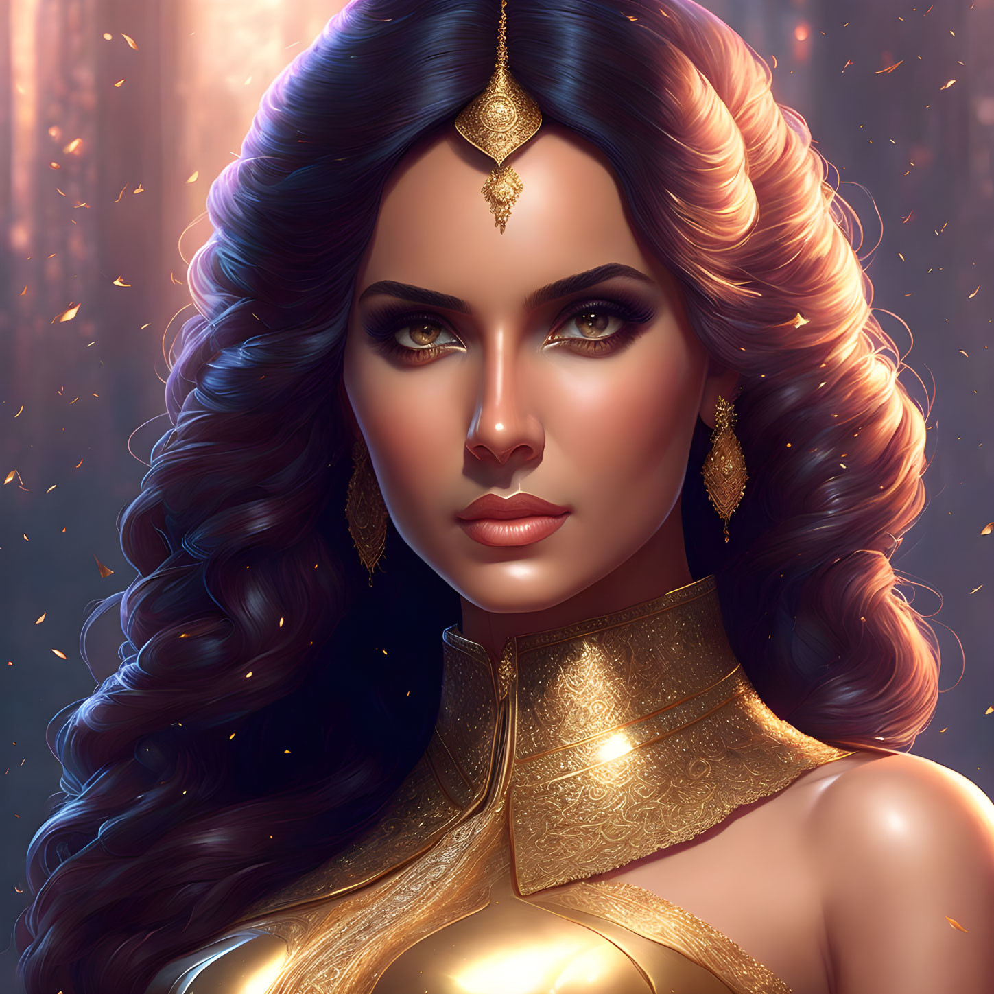 Woman with Striking Features and Gold Jewelry Under Dramatic Lighting
