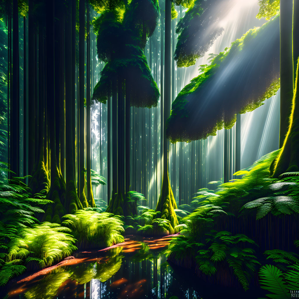 Sunlit Forest Canopy with Green Ferns and Stream
