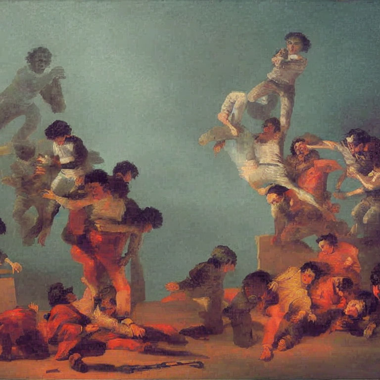 Chaotic Scene with Aggressive Figures in Dramatic Painting