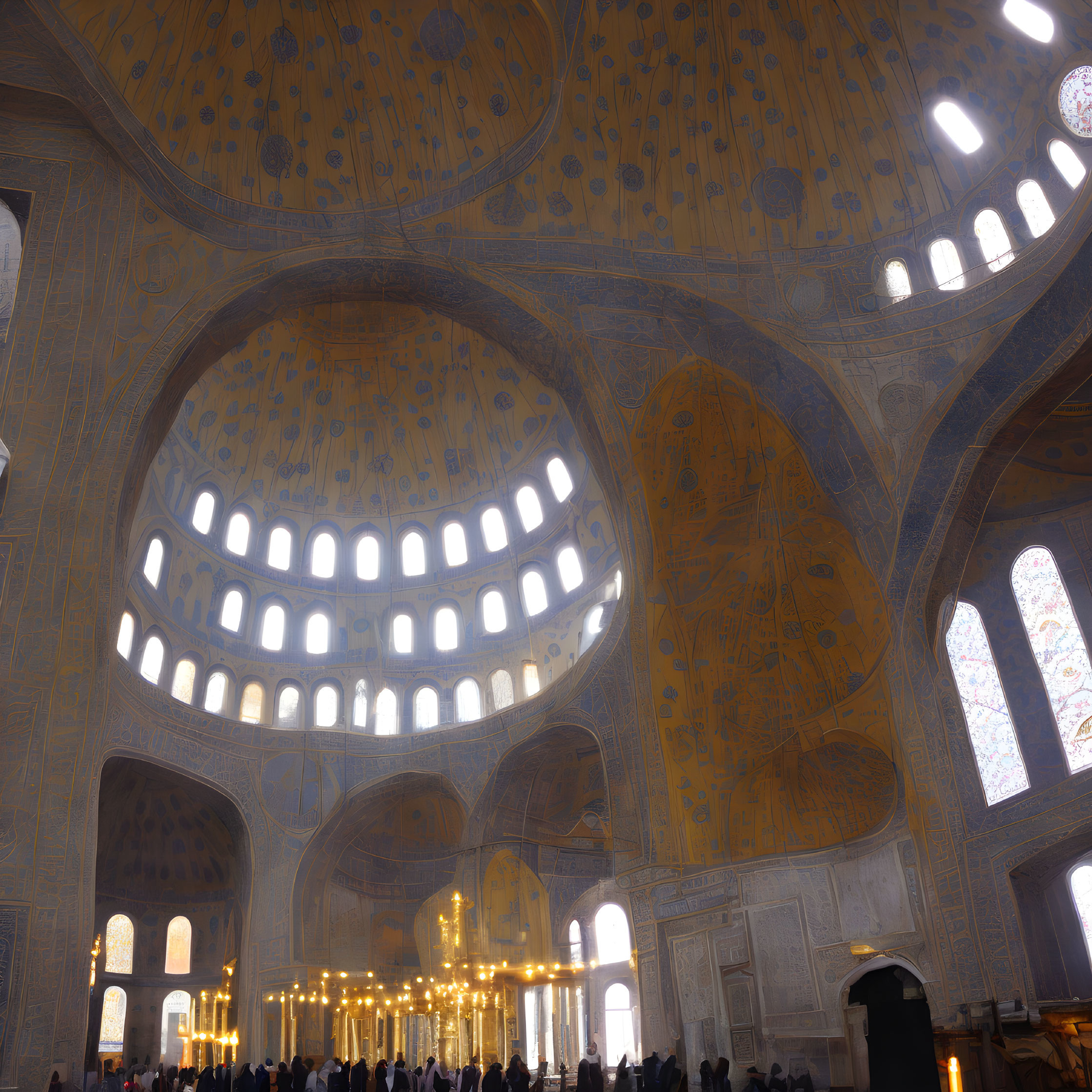 Ornate dome, intricate wall designs, visitors in grand mosque