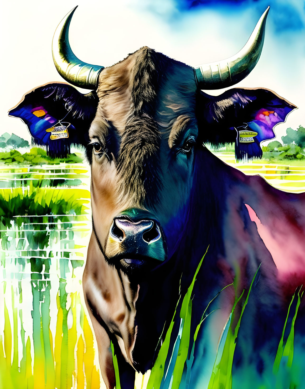 Colorful Digital Artwork: Cow's Head with Horns on Bright Background