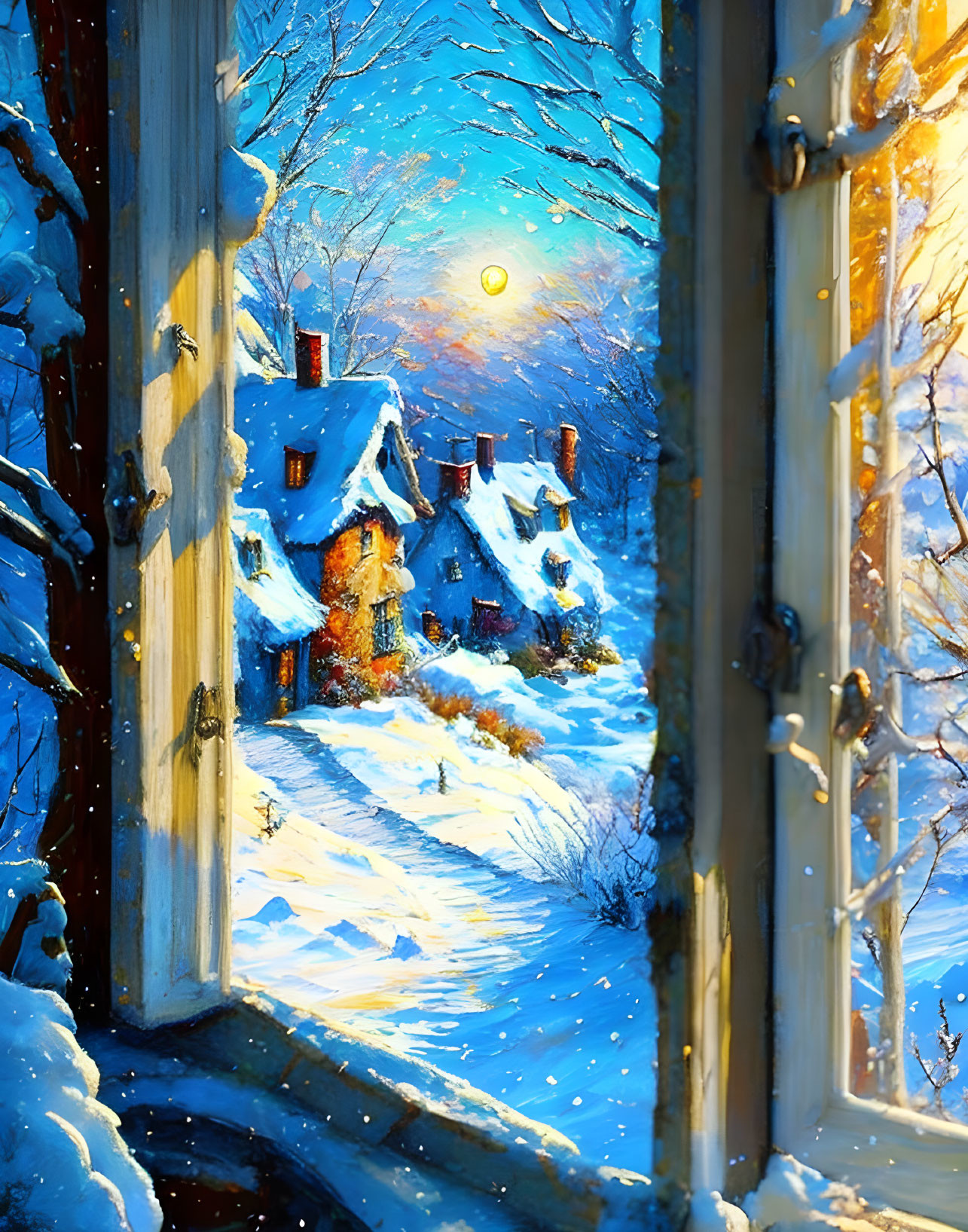 Snowy scene with cozy cottages and moonlit sky viewed through window