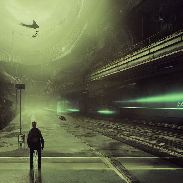 Solitary figure in futuristic station with birds and neon lights