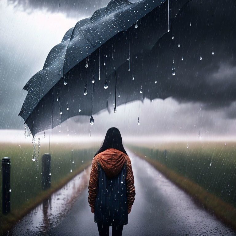 Person standing with umbrella in rain on wet road under stormy skies