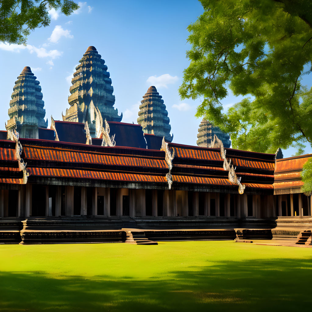 Ancient temple with distinctive spires and ornate details in lush natural setting