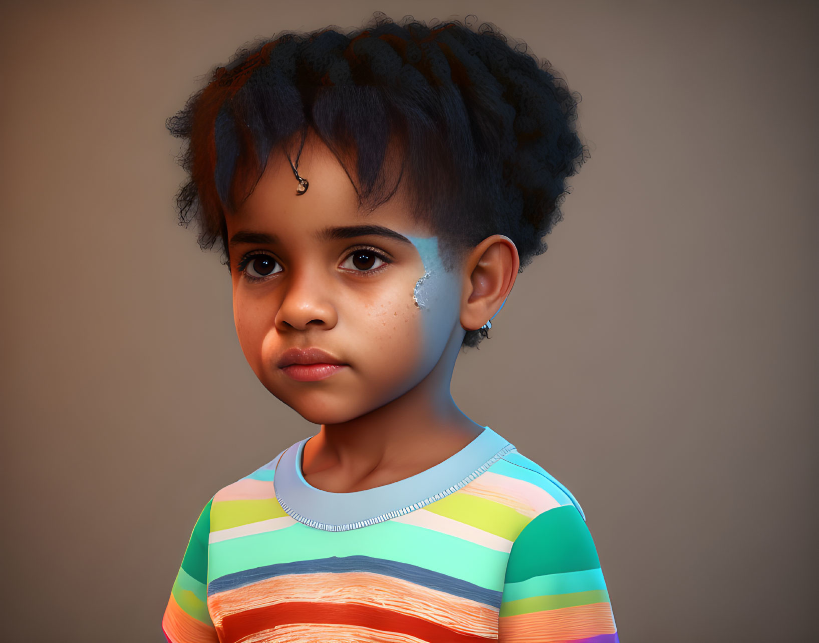 Child with textured hair and blue facial markings in colorful striped shirt