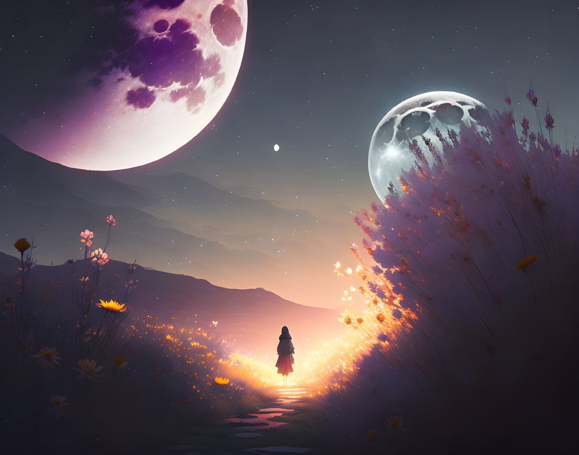 Person on flower path under purple moon and starry sky