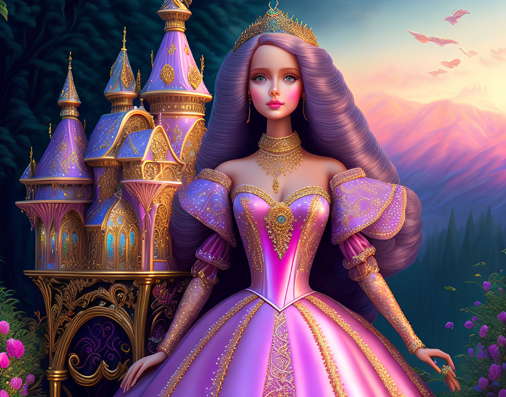 Princess in Pink Gown at Twilight Castle with Birds