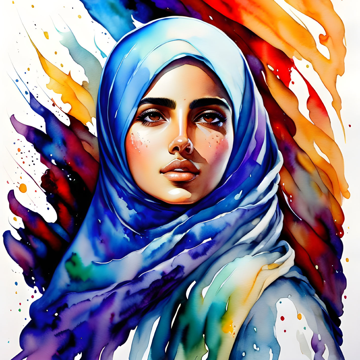 Colorful digital artwork of woman in blue hijab with rainbow background