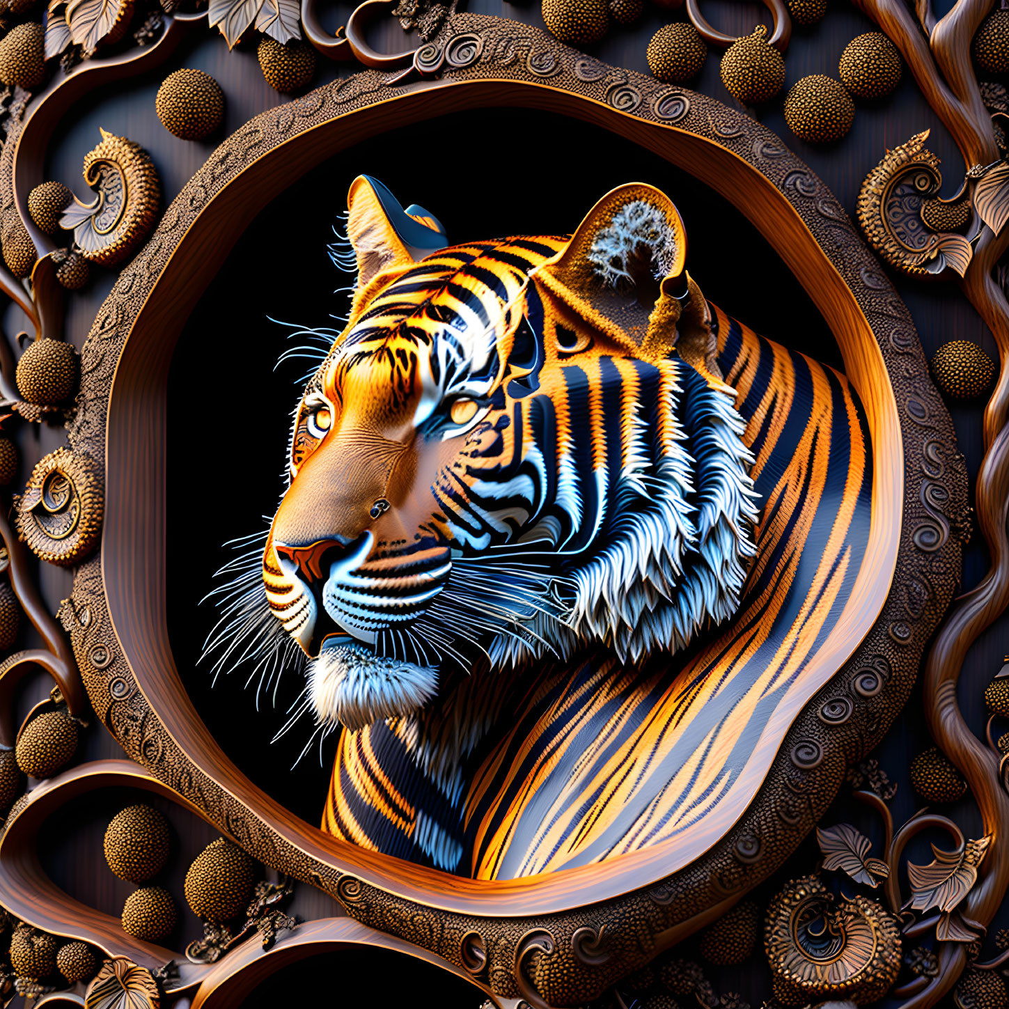 Colorful Tiger Head Artwork in Circular Frame Against Patterned Background