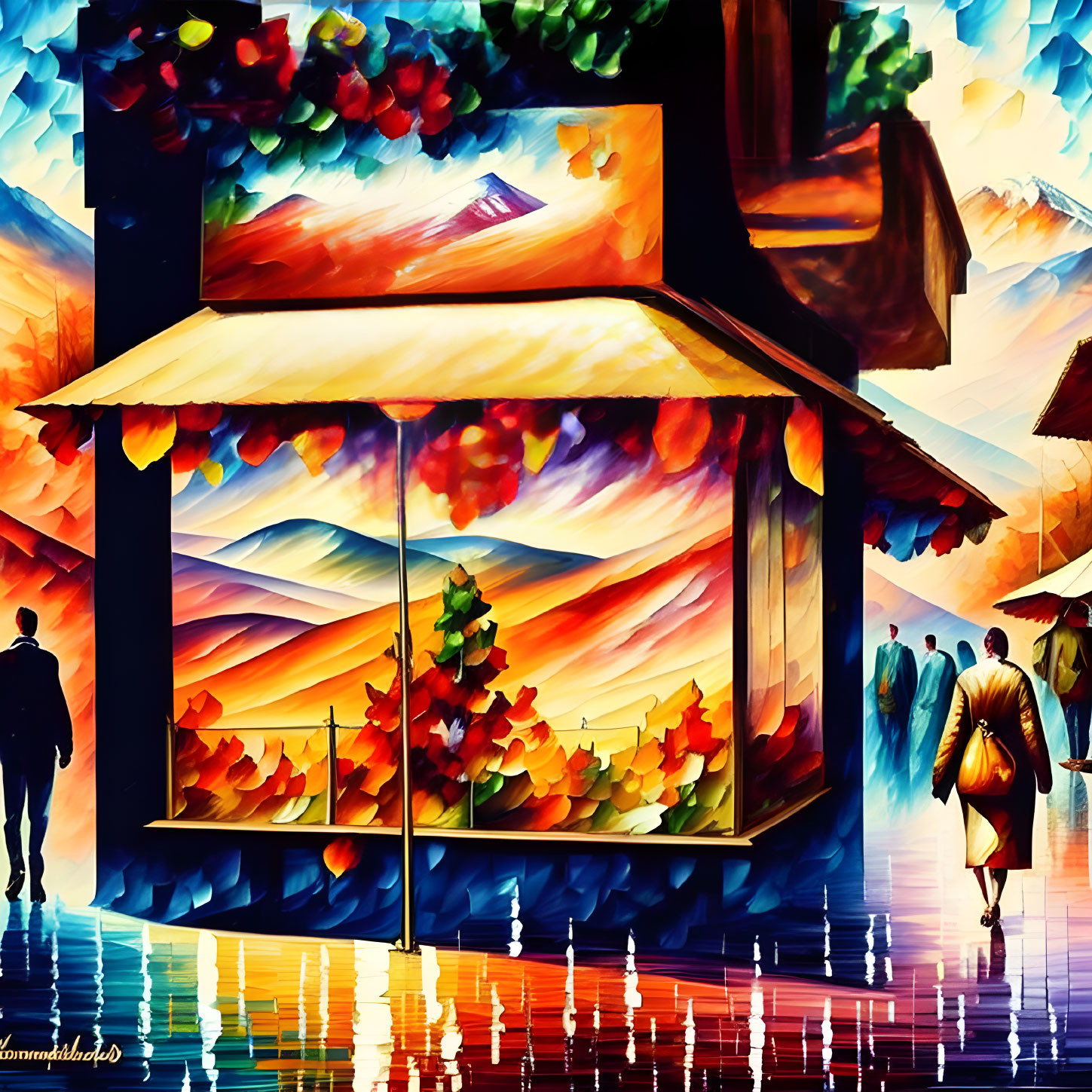 Vibrant abstract street scene with sunset sky and silhouetted figures