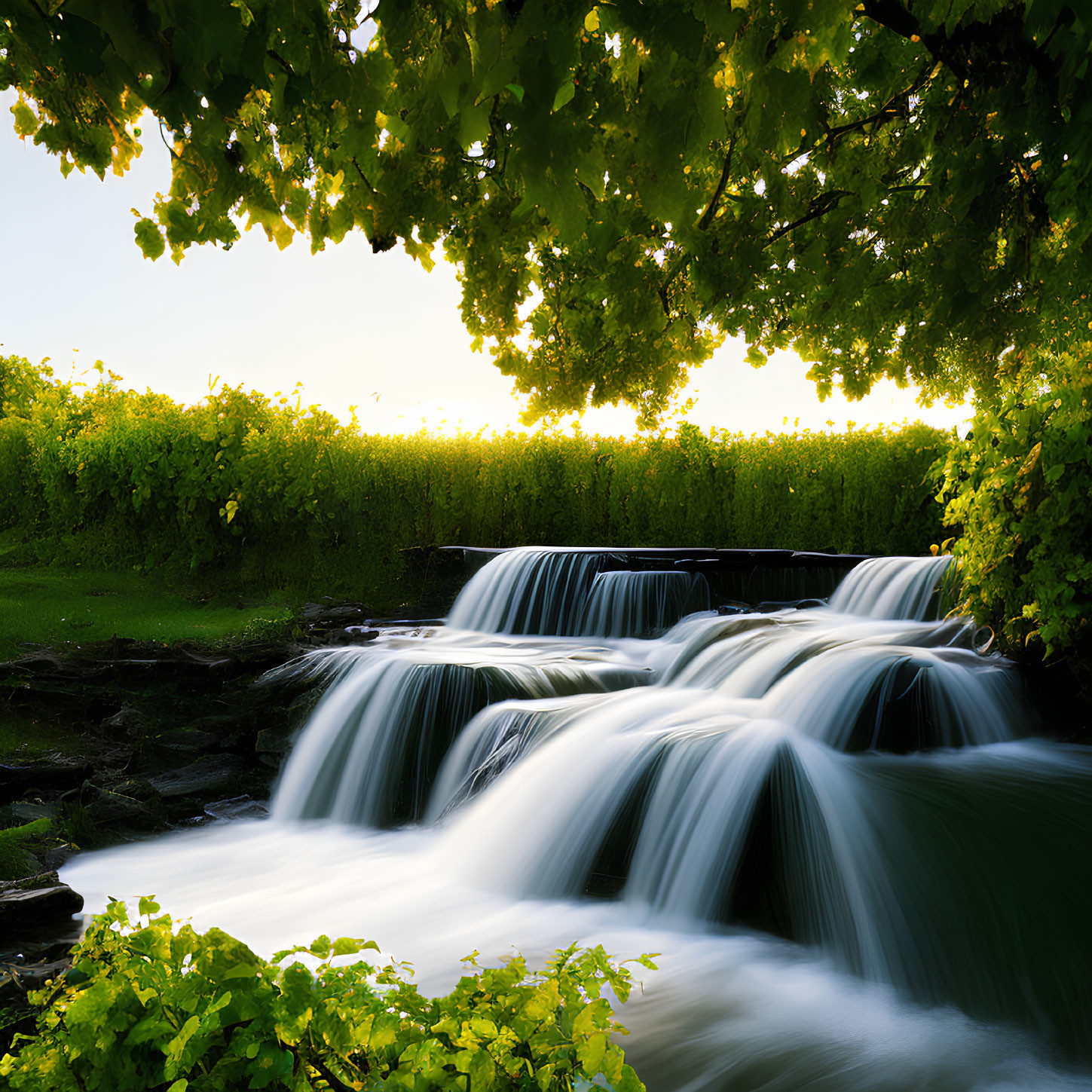 Tranquil waterfall in lush greenery under soft sunlight