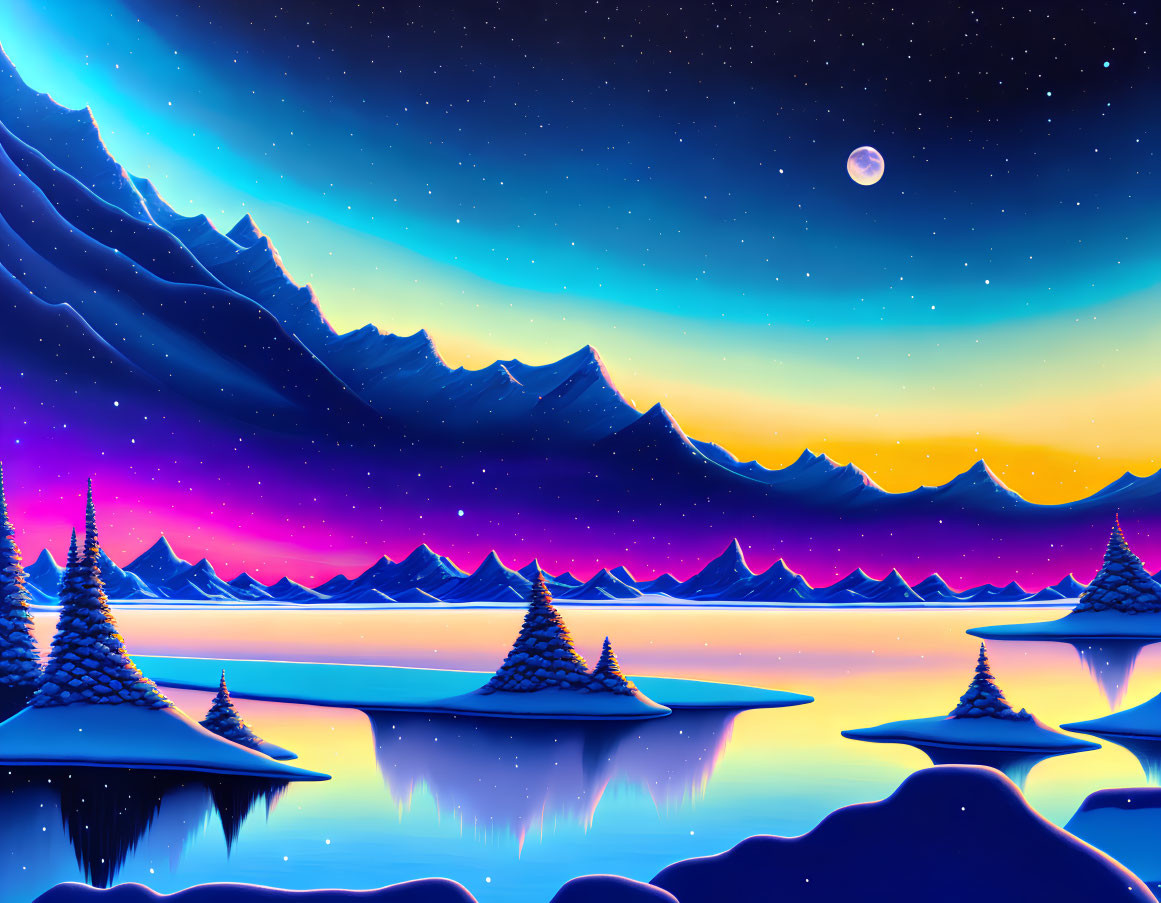 Digital Art: Serene Nighttime Landscape with Snowy Mountains