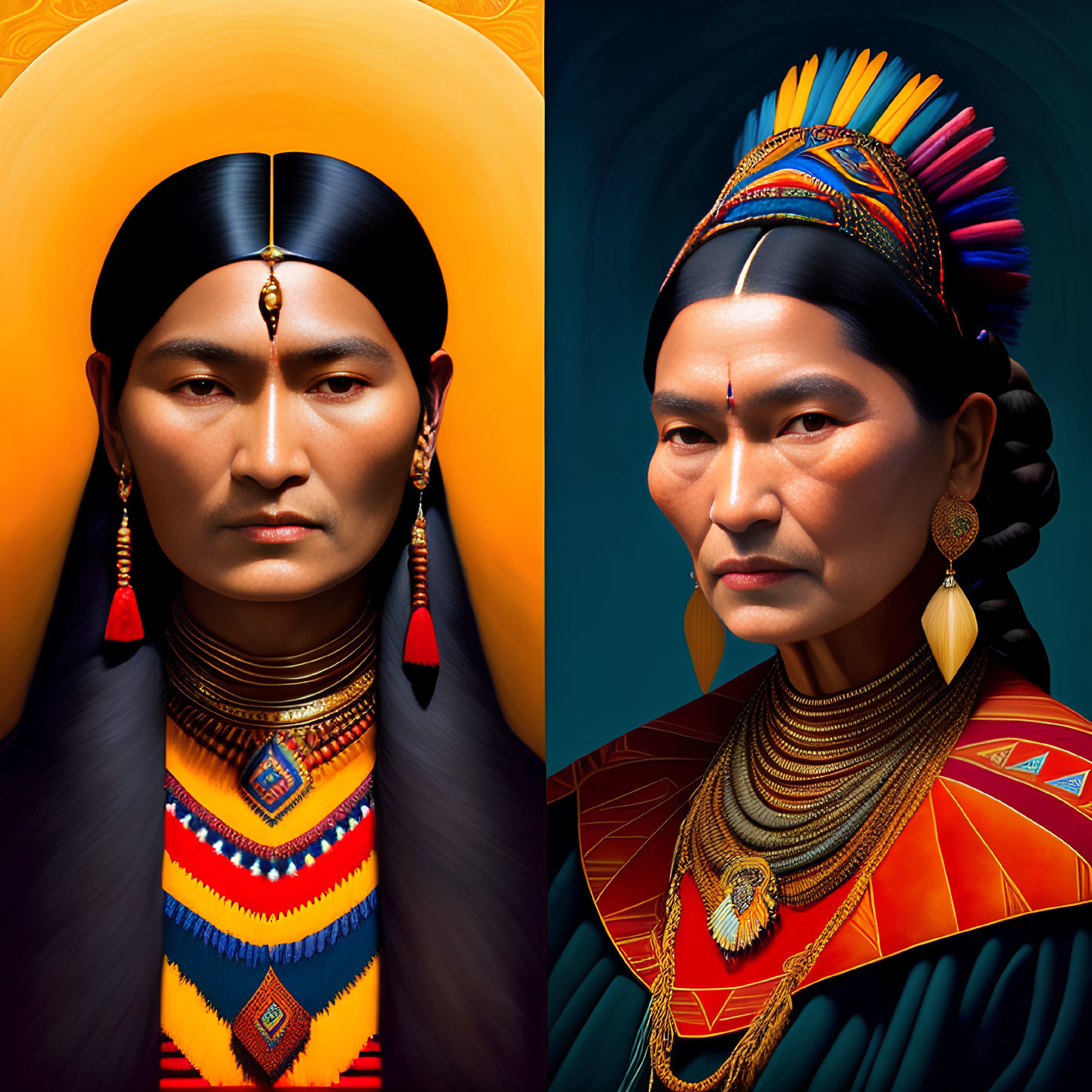 Dual Native American portraits in traditional attire with beadwork and feathers on golden background